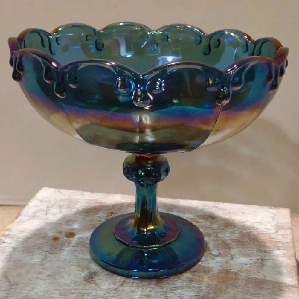 Vintage Indiana Glass Blue Carnival Glass Teardrop Garland Compote Dish